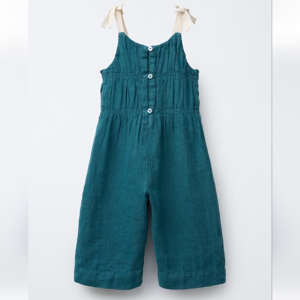 Zara Kids Girls NWT 100% Linen Jumpsuit Teal Green 1.5Y